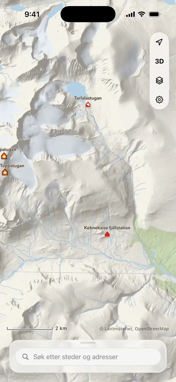 Kartet ved Kebnekaise, Pallas og Landmannalaugar i iLende på iPhone