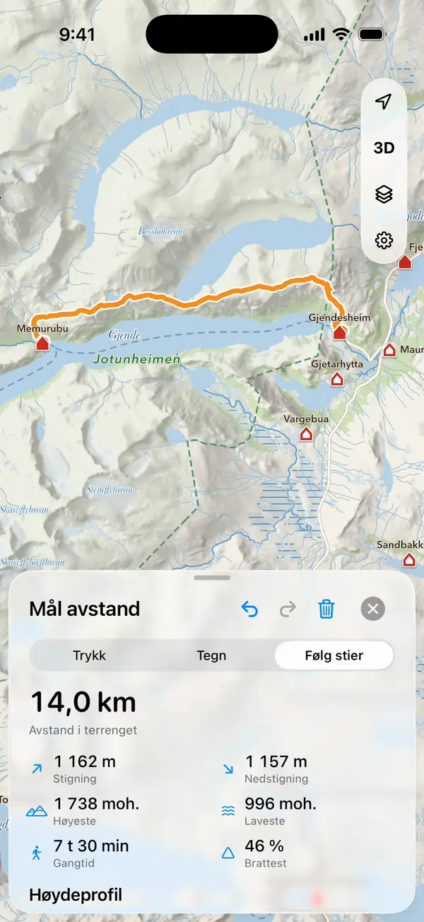 Besseggen målt langs stiene fra Gjendesheim til Memurubu i iLende, med avstand, stigning og gangtid