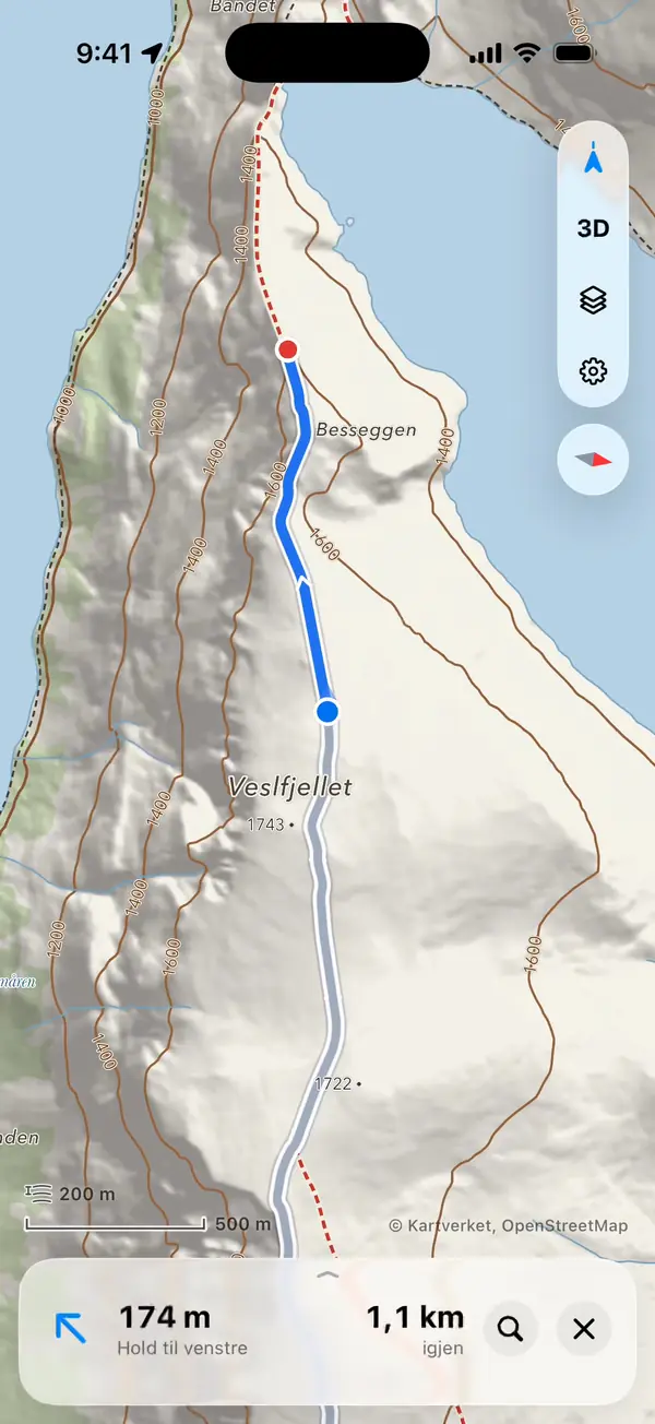 Navigasjon sving for sving over Besseggen i iLende