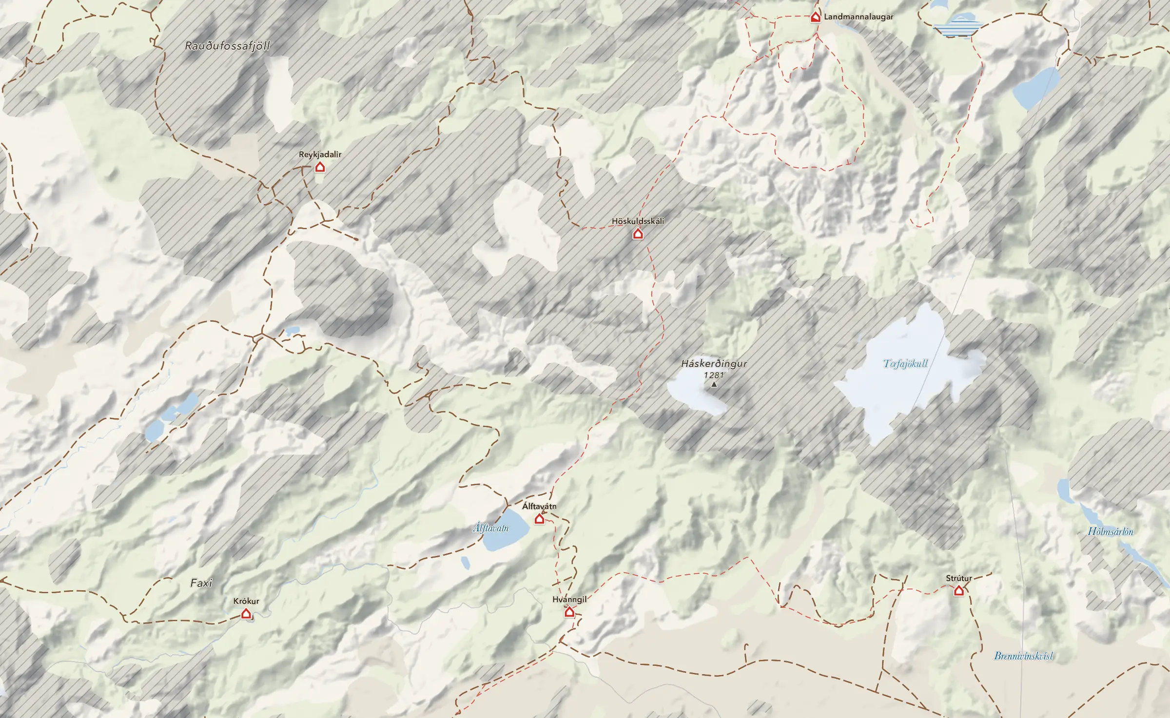 Et område rundt Landmannalaugar som lastes ned, rute for rute